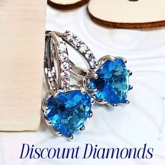 Sky Blue Sapphire Dangle Earrings & White Baguette Diamonds on 925 Silver - Picture 3 of 8